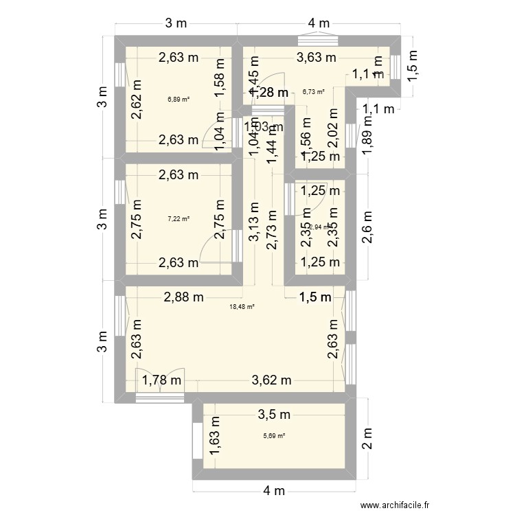 plan YACHO. Plan de 6 pièces et 48 m2