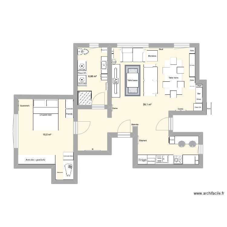Salon-Belair-New. Plan de 3 pièces et 61 m2