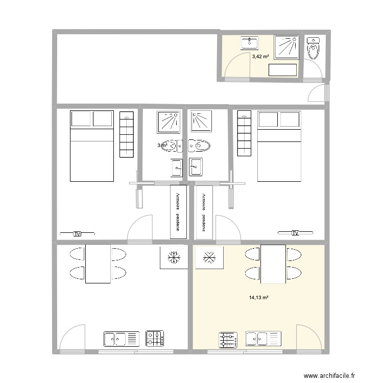 plan N°2. Plan de 3 pièces et 21 m2