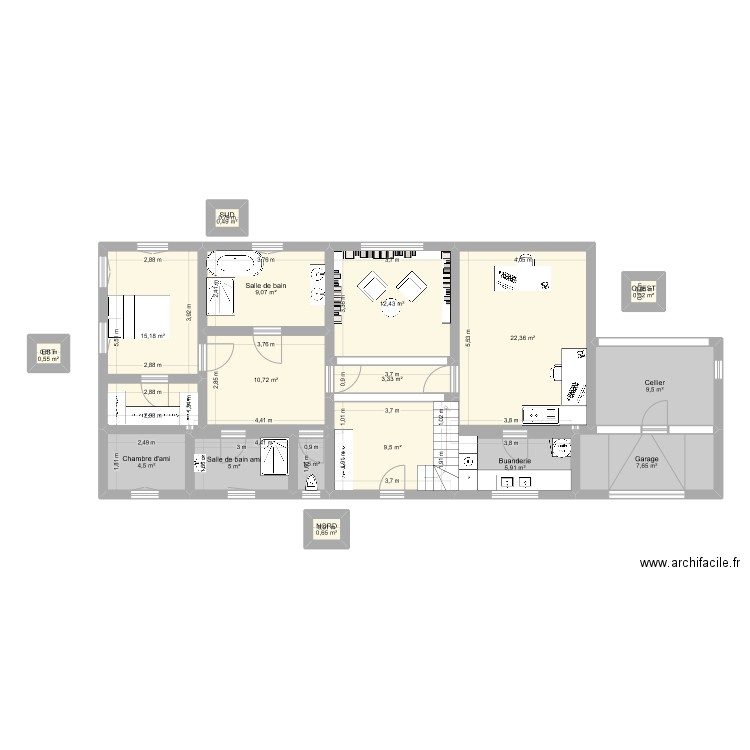 1ere étage. Plan de 19 pièces et 119 m2