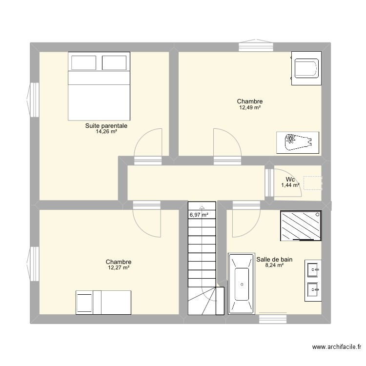 Etage. Plan de 6 pièces et 56 m2