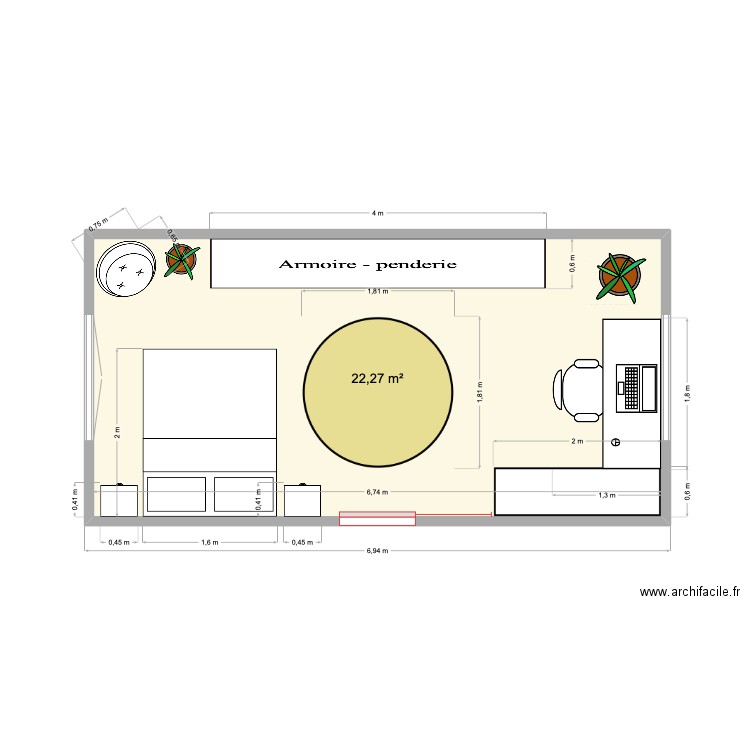 salles. Plan de 1 pièce et 22 m2
