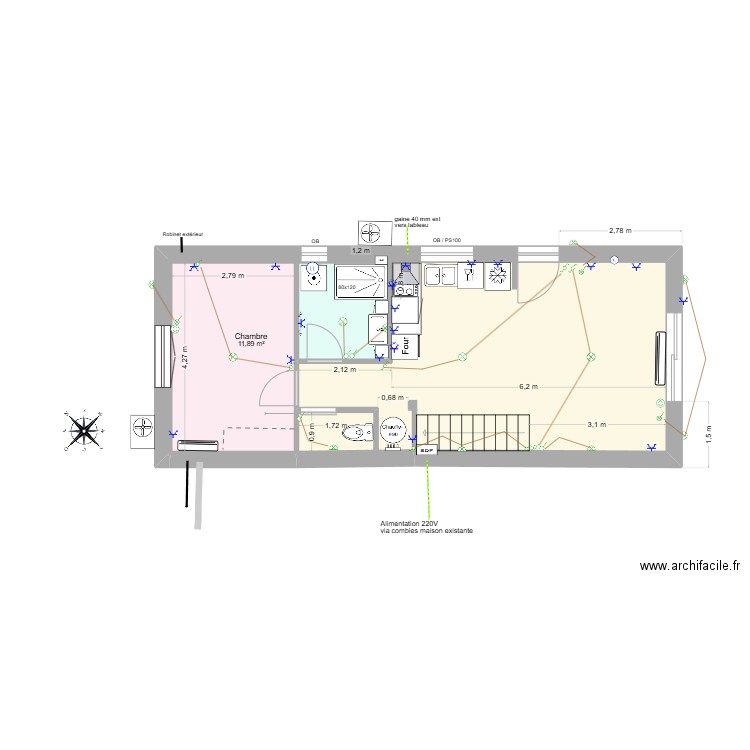 Plan ext Langeot 5. Plan de 3 pièces et 18 m2