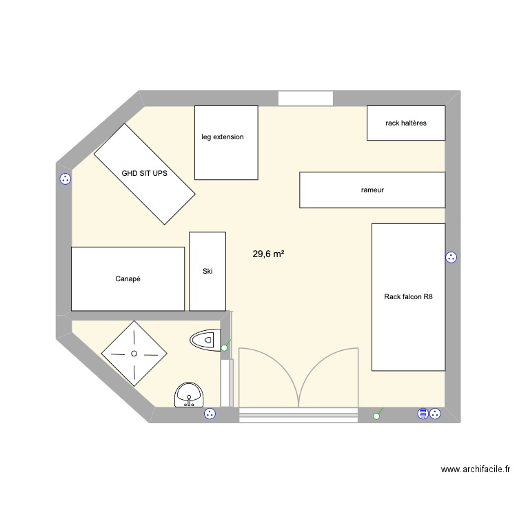 Garage gym avec matériel. Plan de 1 pièce et 30 m2