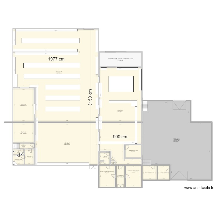 Désenfumage. Plan de 19 pièces et 1150 m2