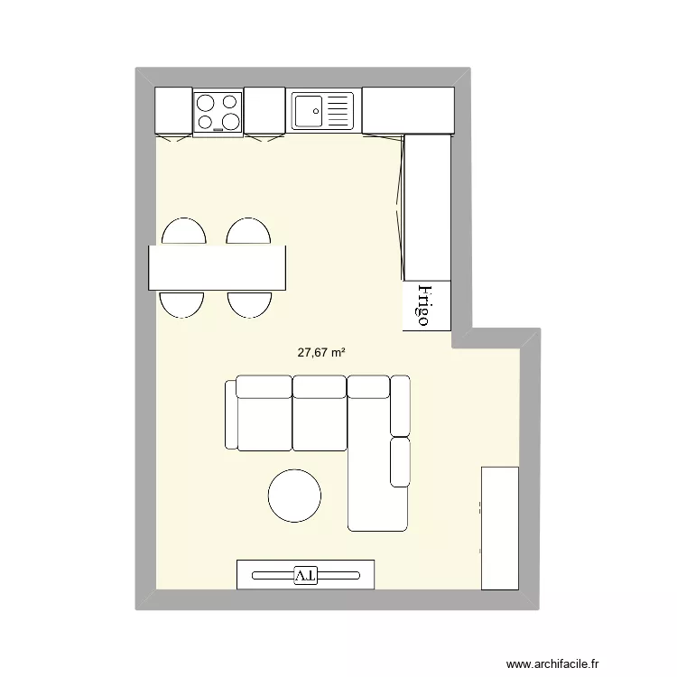 Cuisine, salon, salle &agrave; manger V2. Plan de 1  et 28 m²