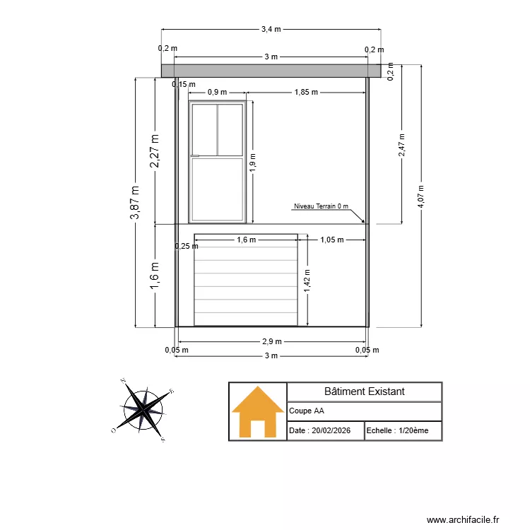 B&acirc;timent Existant Fa&ccedil;ade sud. Plan de 
