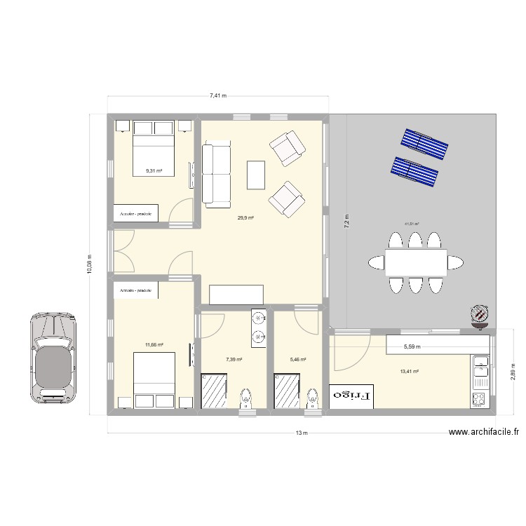 karimunjava. Plan de 6 pièces et 77 m2