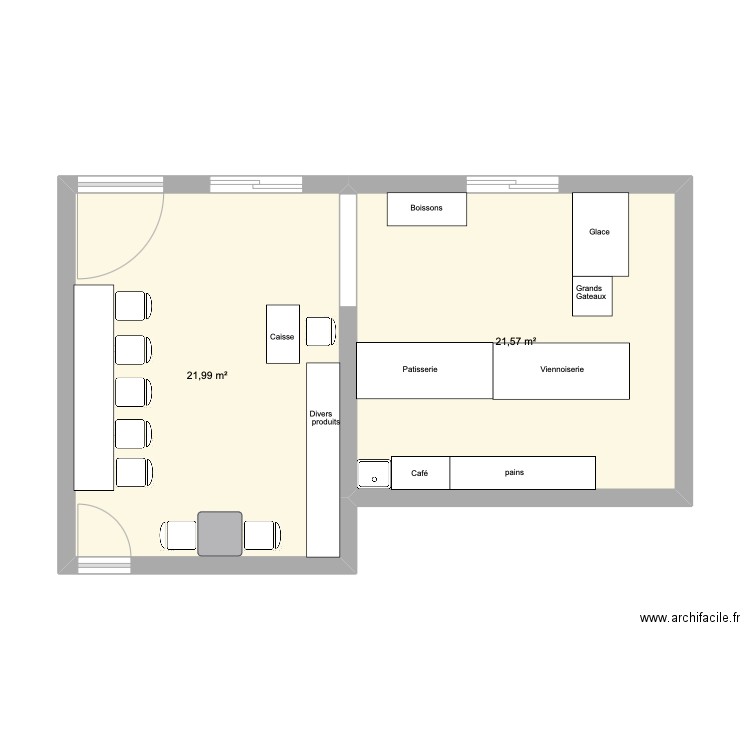Patisserie 1. Plan de 2 pièces et 44 m2