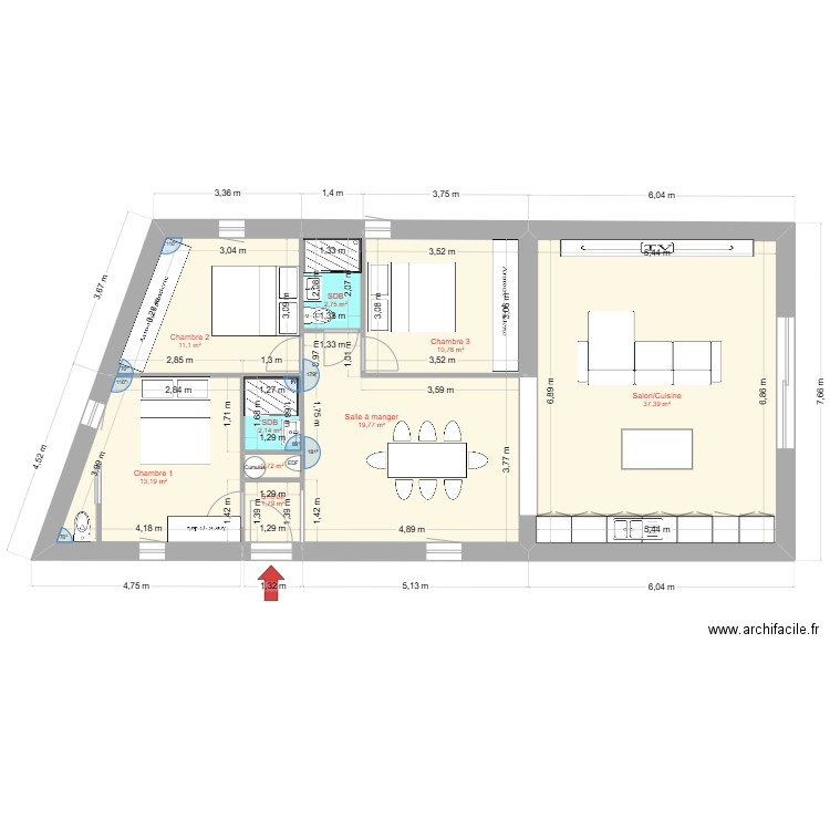 TL33440. Plan de 9 pièces et 100 m2
