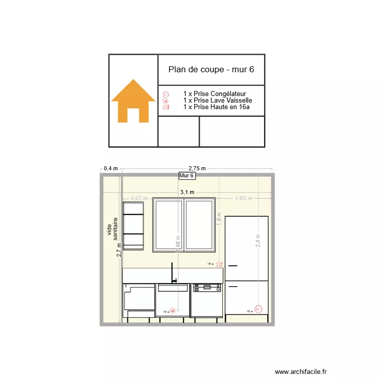 PC - Cuisine - mur 6. Plan de 1  et 8 m²