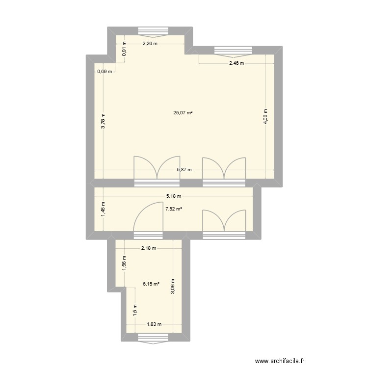 Initial. Plan de 3 pièces et 39 m2