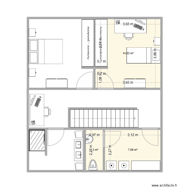 dendal2. Plan de 3 pièces et 23 m2