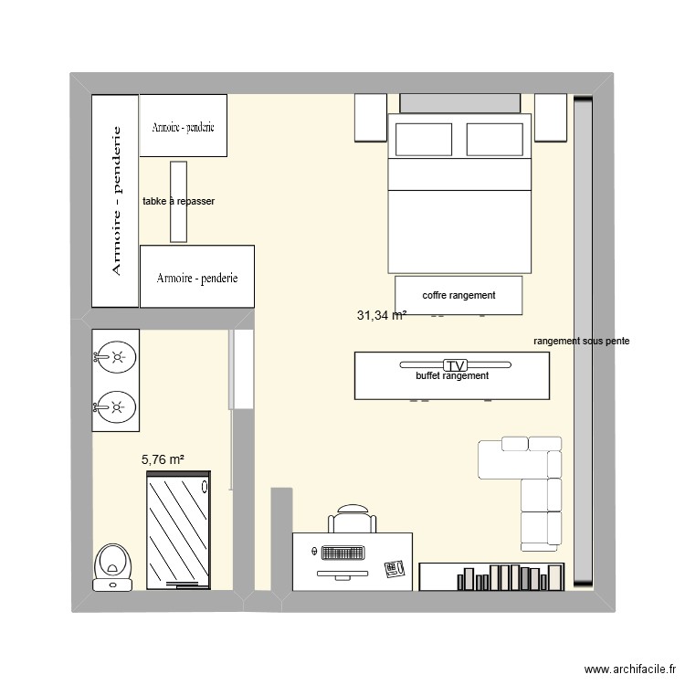 2eme étage. Plan de 2 pièces et 37 m2