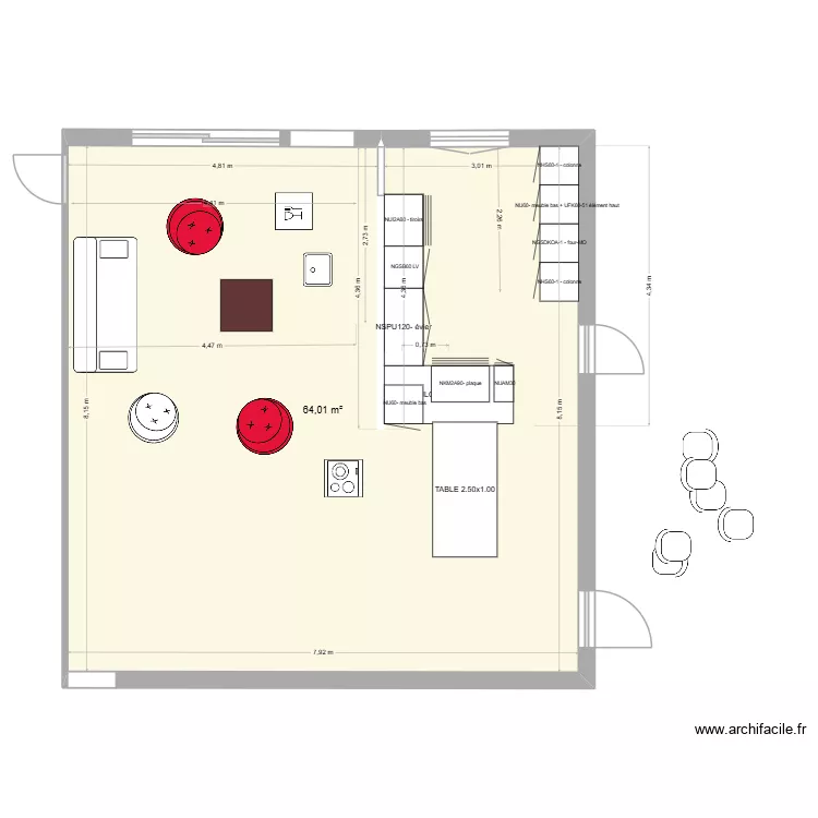 CUISINE SALON. Plan de 2  et 64 m²
