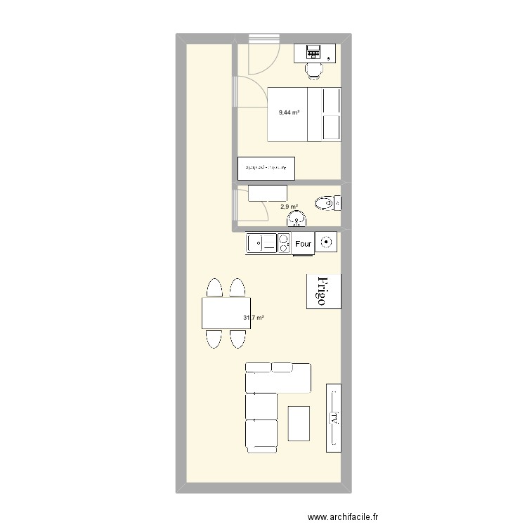 Piece principale. Plan de 3 pièces et 44 m2