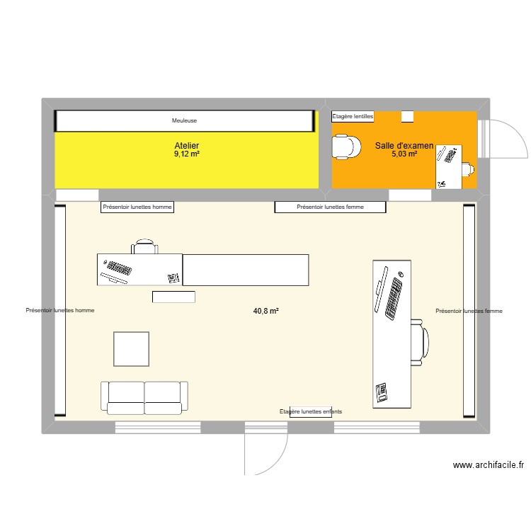 magasin. Plan de 3 pièces et 55 m2