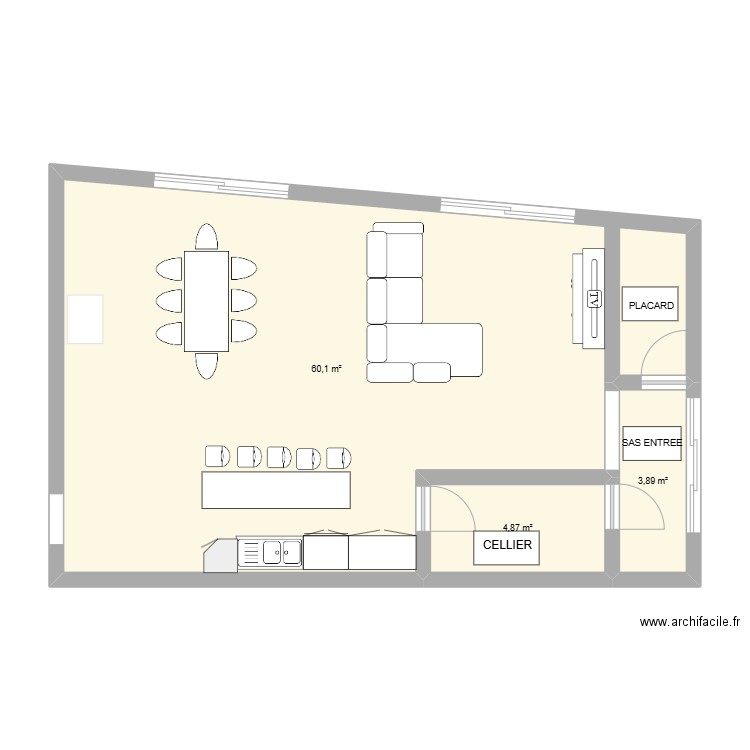 SALON CUISINE. Plan de 3 pièces et 69 m2