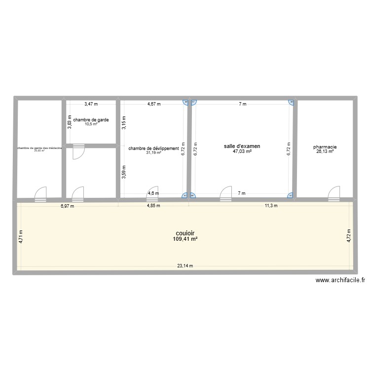 service de radiologie. Plan de 6 pièces et 245 m2
