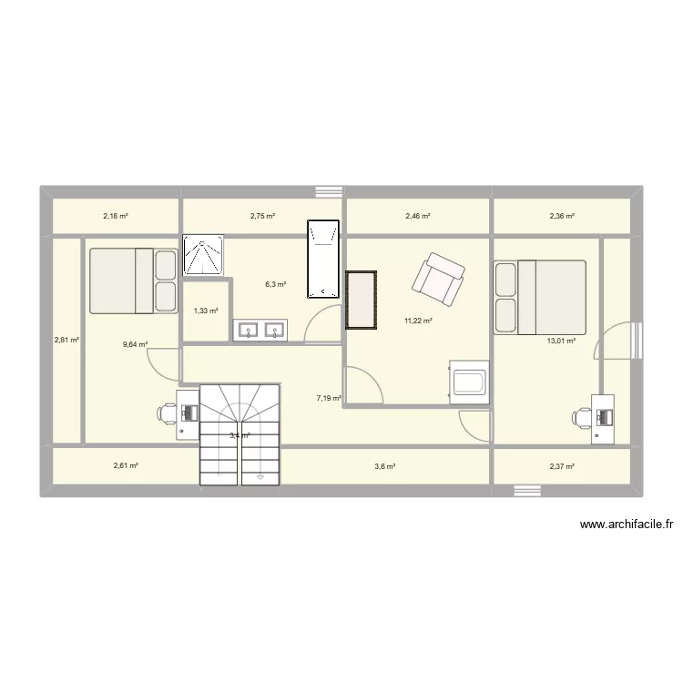 amenagement &eacute;tage avec bonnes cotes. Plan de 15  et 73 m²