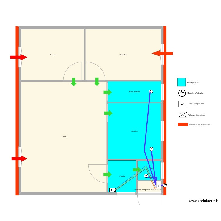 Ventilation. Plan de 8 pièces et 214 m2