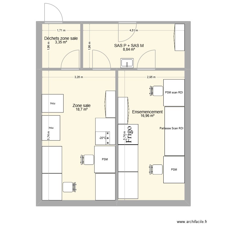 Microbiologie. Plan de 4 pièces et 48 m2