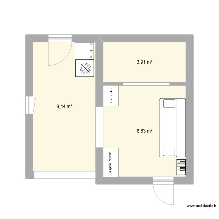 entree dressing. Plan de 3 pièces et 22 m2