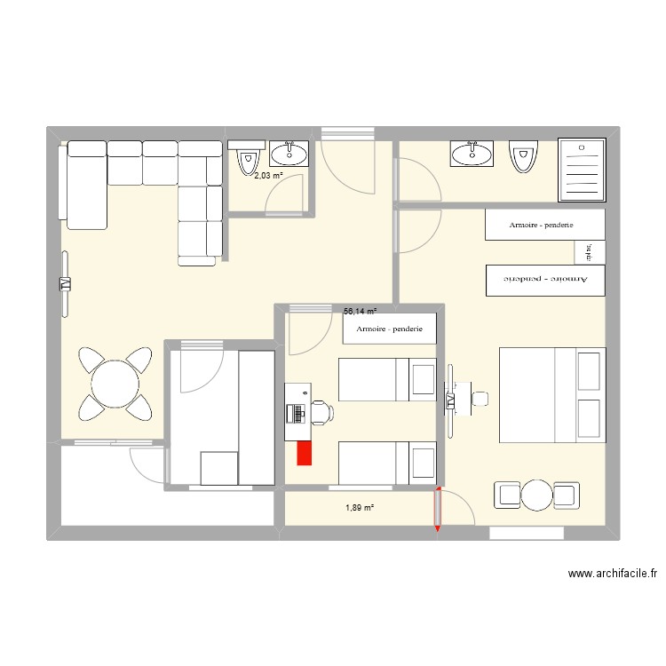 appart. Plan de 3 pièces et 60 m2