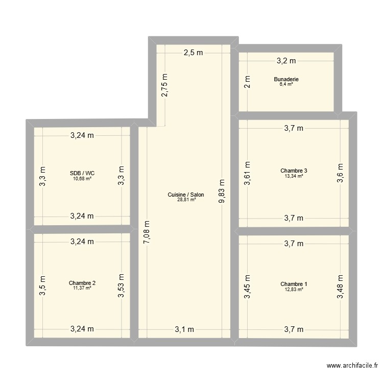 test. Plan de 6 pièces et 83 m2