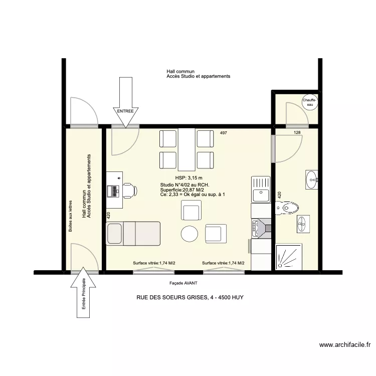 soeurs grises , 4 - huy. Plan de 3 Pièces et 31 m²