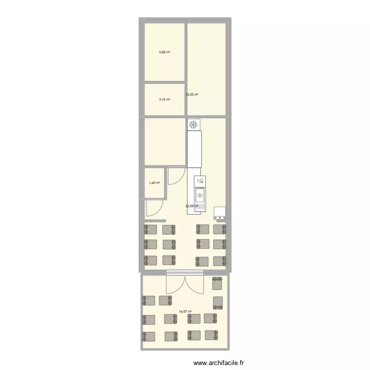 denia creperie. Plan de 6 Pièces et 61 m²