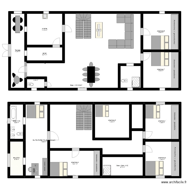 plan maison duplex Ci. Plan de 15 pièces et 206 m2