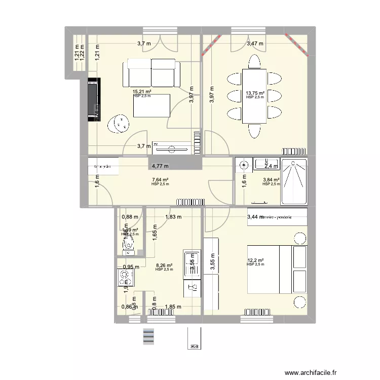 Appart M&C modifi&eacute; 2. Plan de 7  et 62 m²