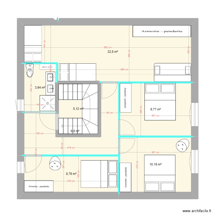 St-Girons // Aménagement étage VF 2. Plan de 7 pièces et 69 m2