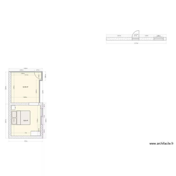 chambre et bibliotheque Yoann 2. Plan de 2 Pièces et 19 m²