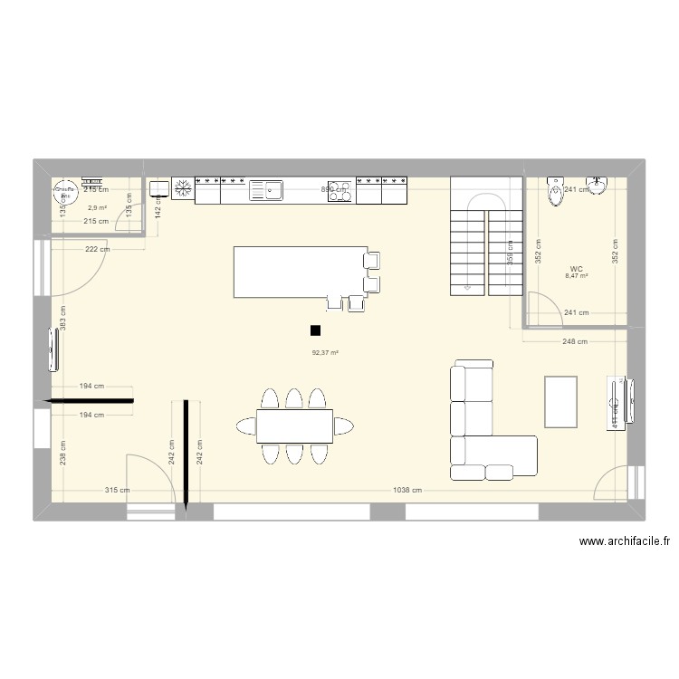 flv rdc. Plan de 3 pièces et 104 m2