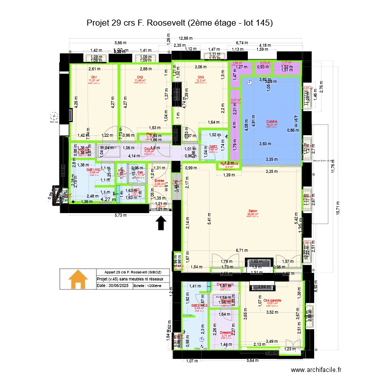 29 crs FR v45 plafonds. Plan de 41 pièces et 150 m2