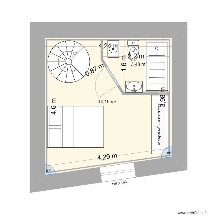 PROJET  R+1 (future chambre). Plan de 2 pièces et 22 m2