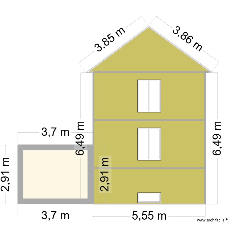 Plan facade Sud-Est Avant et Après. Plan de 5 pièces et 49 m2