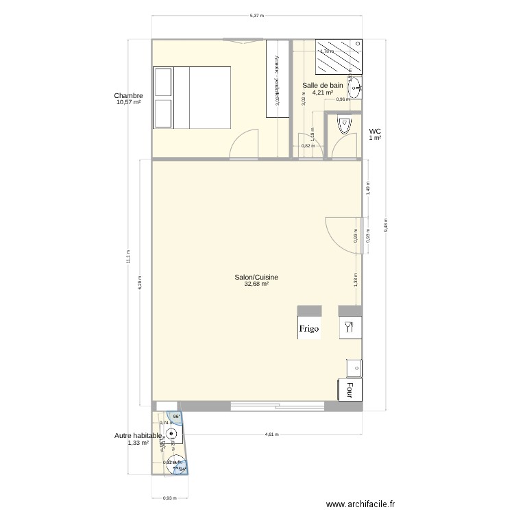 62 TILLET RDC. Plan de 4 pièces et 50 m2