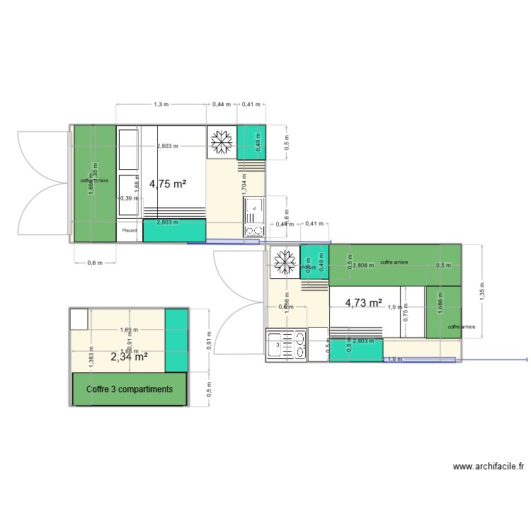 trafic. Plan de 3 pièces et 12 m2