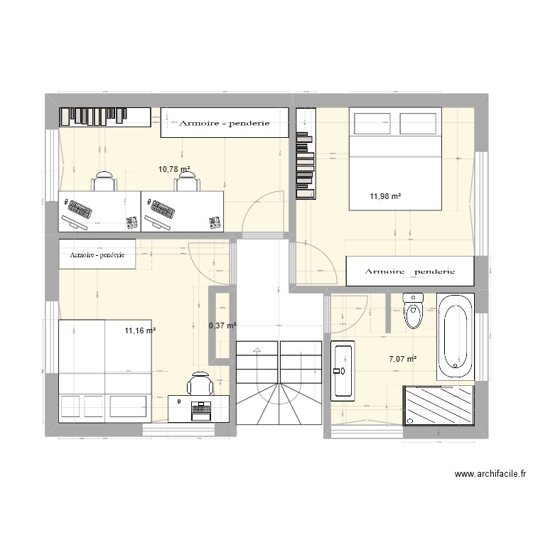 Chambres. Plan de 5 pièces et 41 m2