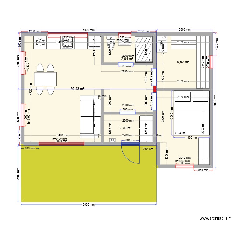 45 5 баня. Plan de 6 pièces et 53 m2
