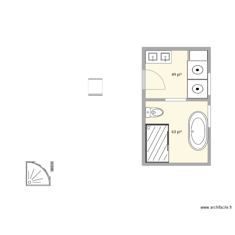 Lavabo en entrant à gauche. Plan de 2 pièces et 10 m2