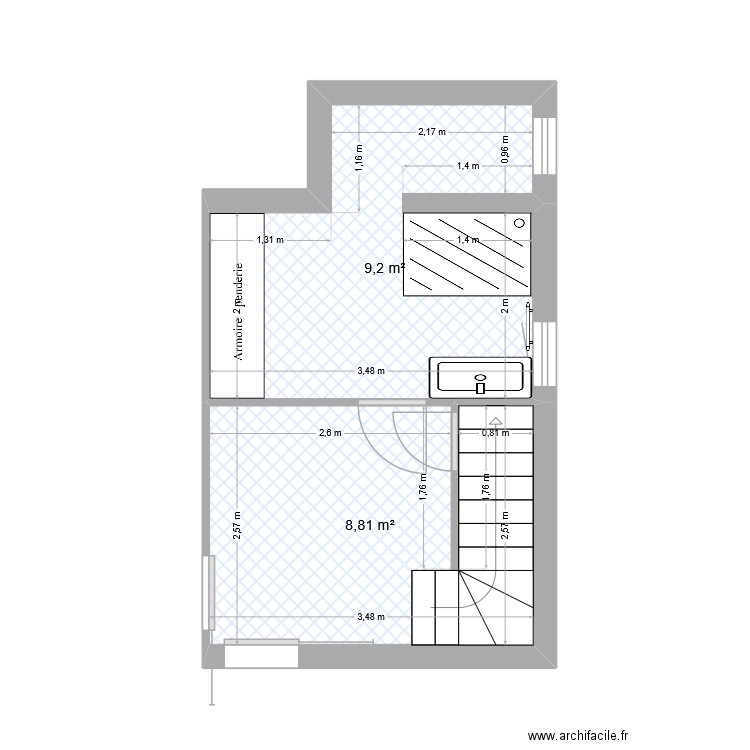 bardeau SDB. Plan de 2 pièces et 18 m2
