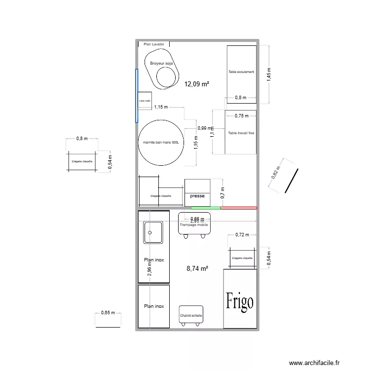 cuisine tofu test. Plan de 2  et 21 m²