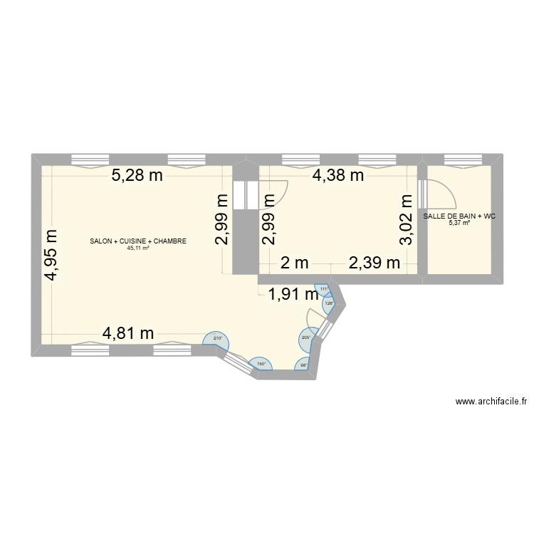 place du parvis. Plan de 3 pièces et 50 m2