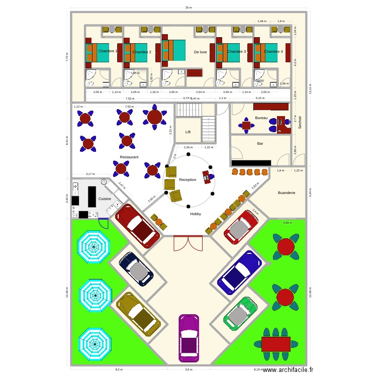 amenagement rdc rumonge v1. Plan de 33 pièces et 427 m2