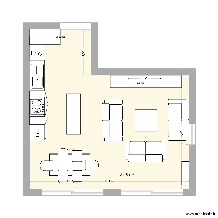 salon cuisine v1. Plan de 1 pièce et 32 m2
