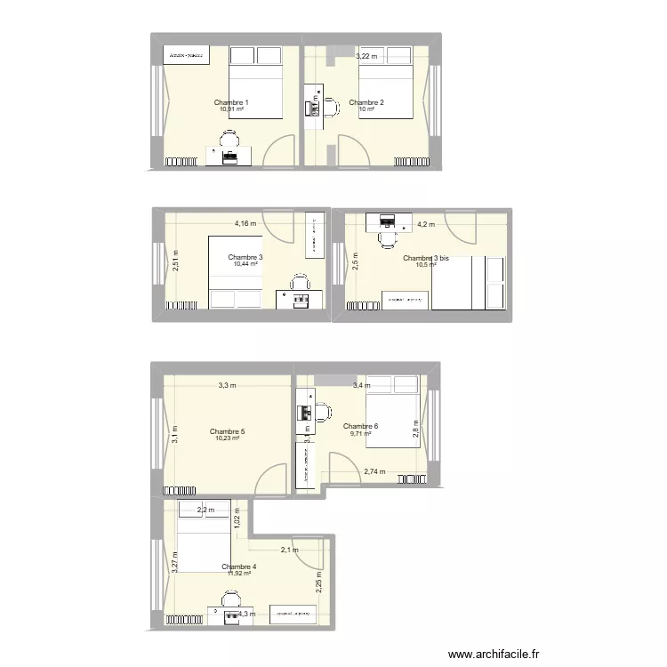 Agencement Chambre 1. Plan de 7  et 74 m²